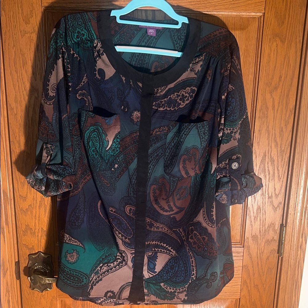 Elegant Paisley Button-Front Blouse in Teal & Black
